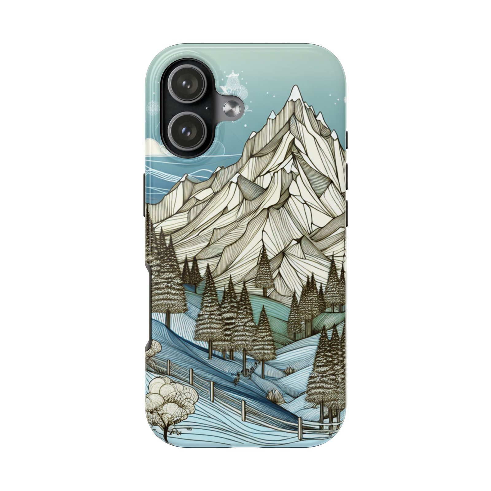 Alpine Serenity tough phone case with white mountain peak and forest design for iPhone 16 and 15 and Samsung S25 and S24