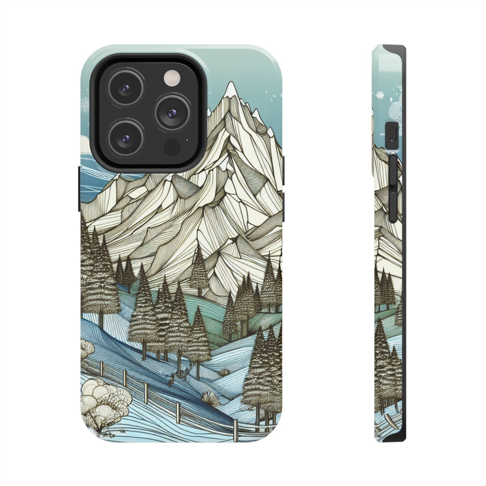 Alpine Serenity tough phone case with white mountain peak and forest design for iPhone 16 and 15 and Samsung S25 and S24