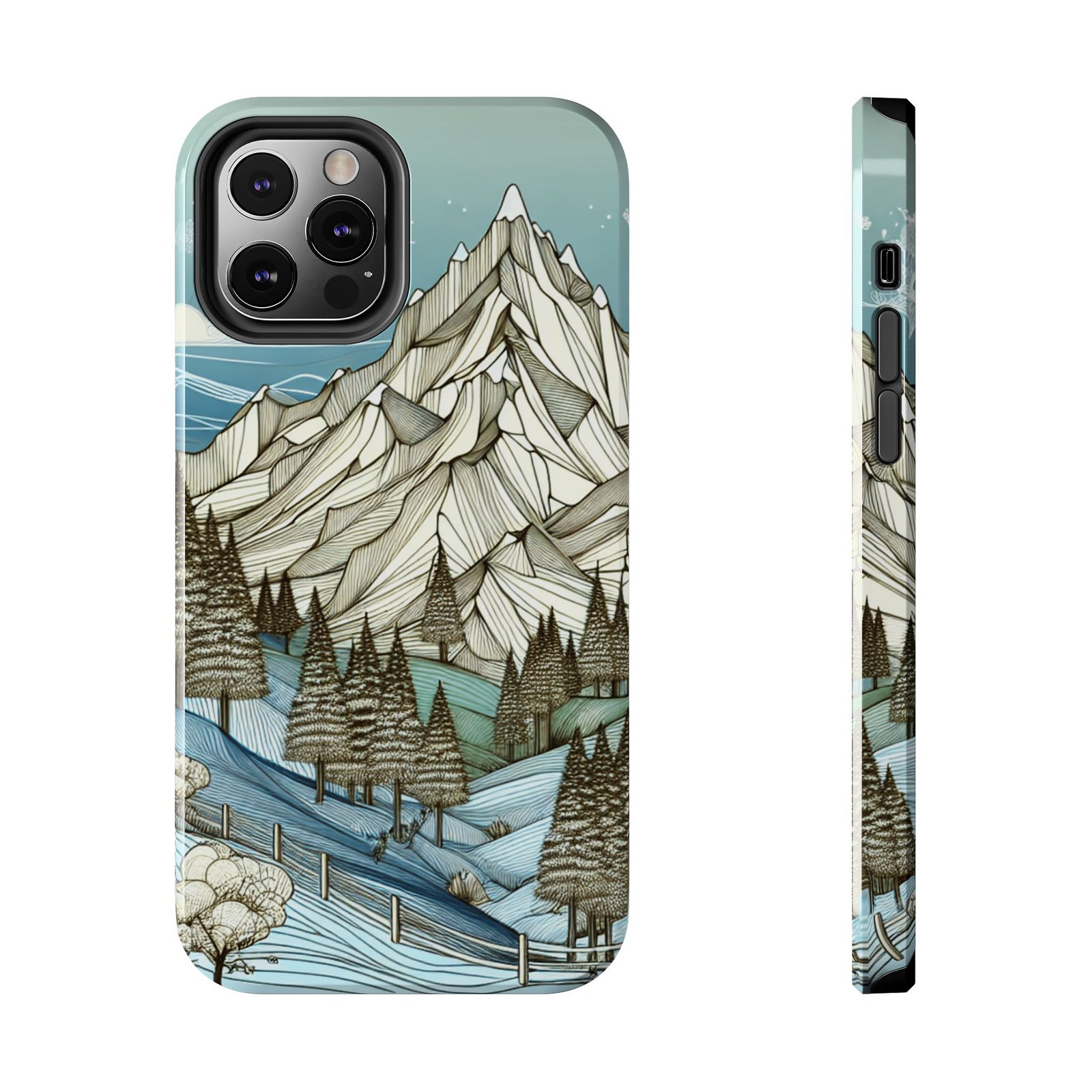 Alpine Serenity tough phone case with white mountain peak and forest design for iPhone 16 and 15 and Samsung S25 and S24