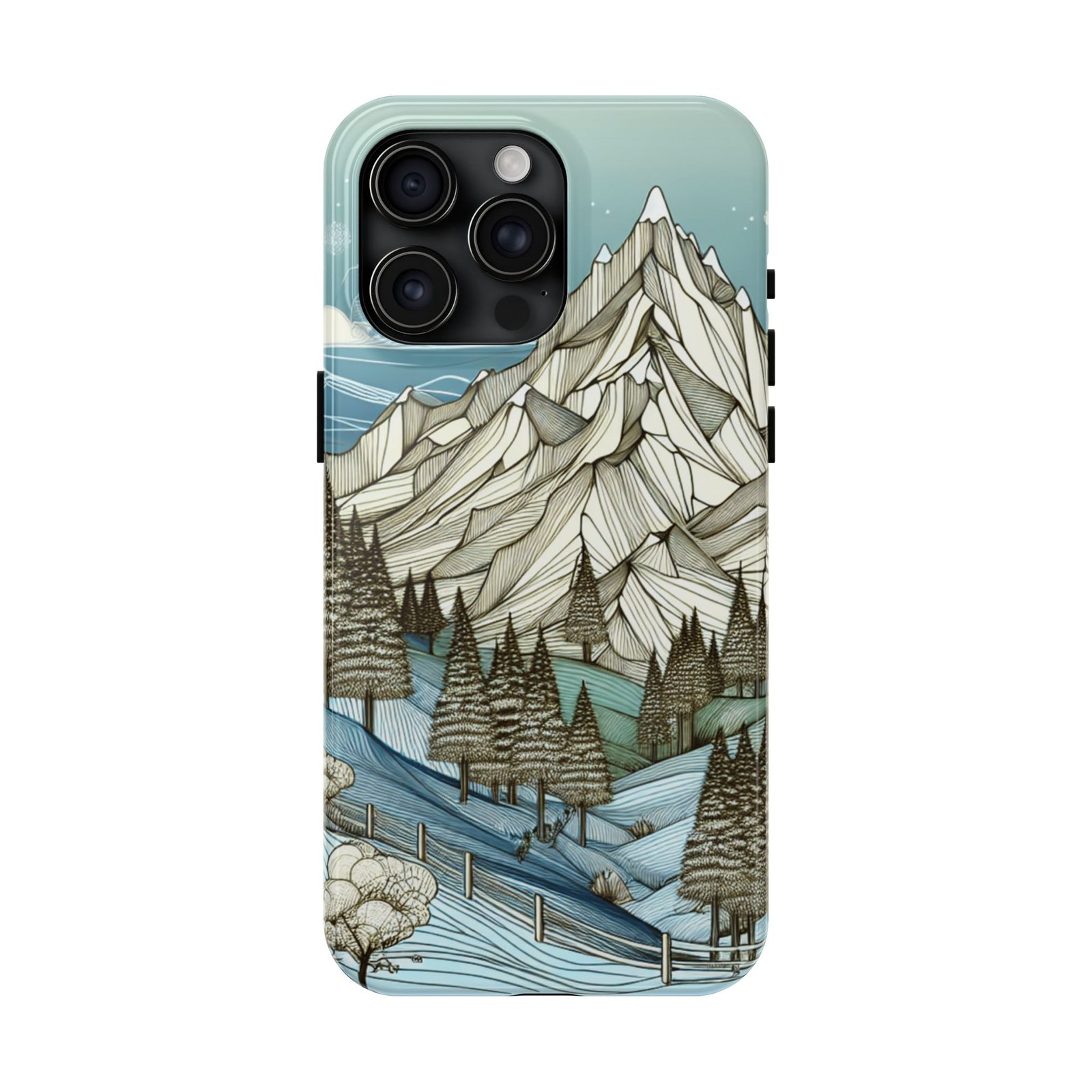 Alpine Serenity tough phone case with white mountain peak and forest design for iPhone 16 and 15 and Samsung S25 and S24