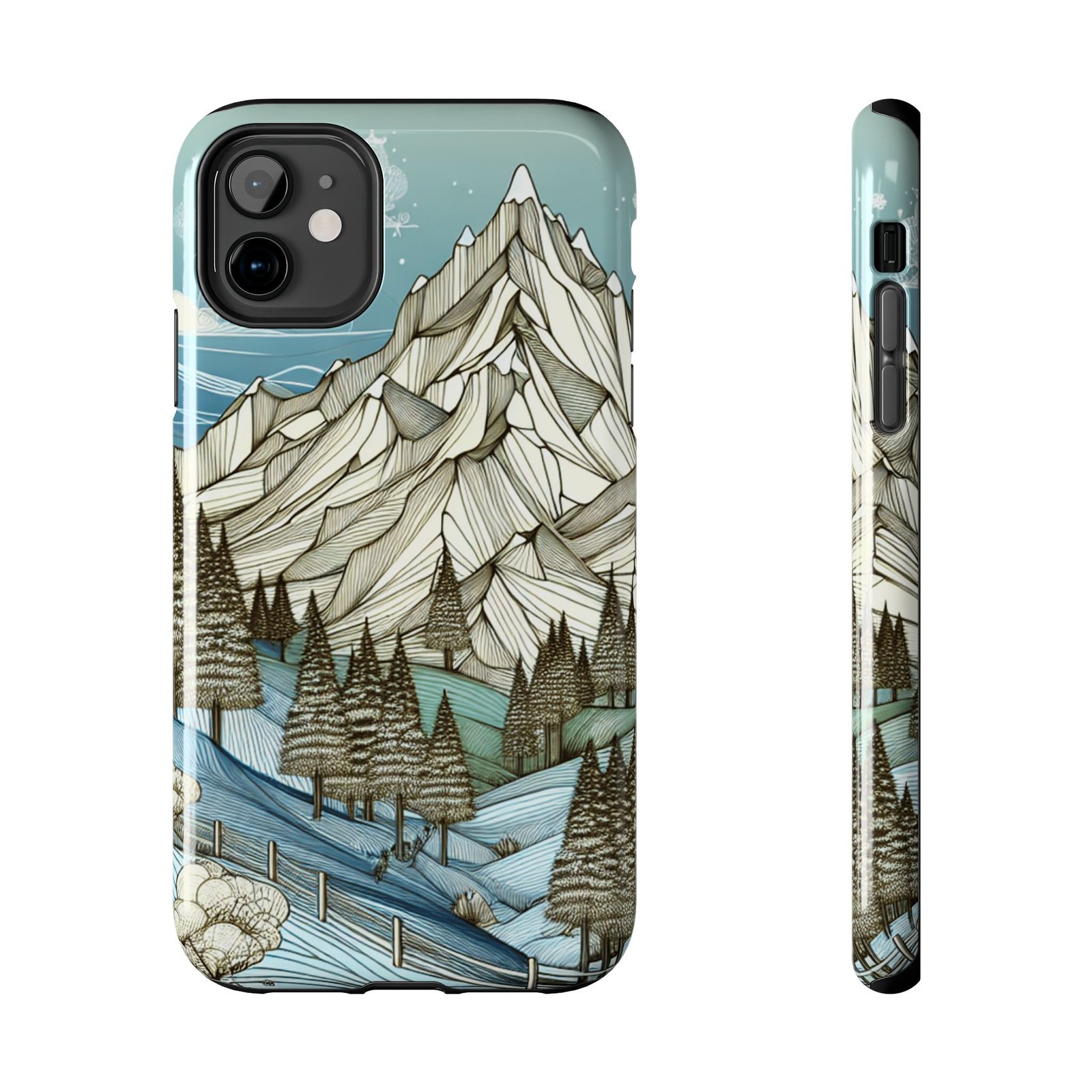 Alpine Serenity tough phone case with white mountain peak and forest design for iPhone 16 and 15 and Samsung S25 and S24