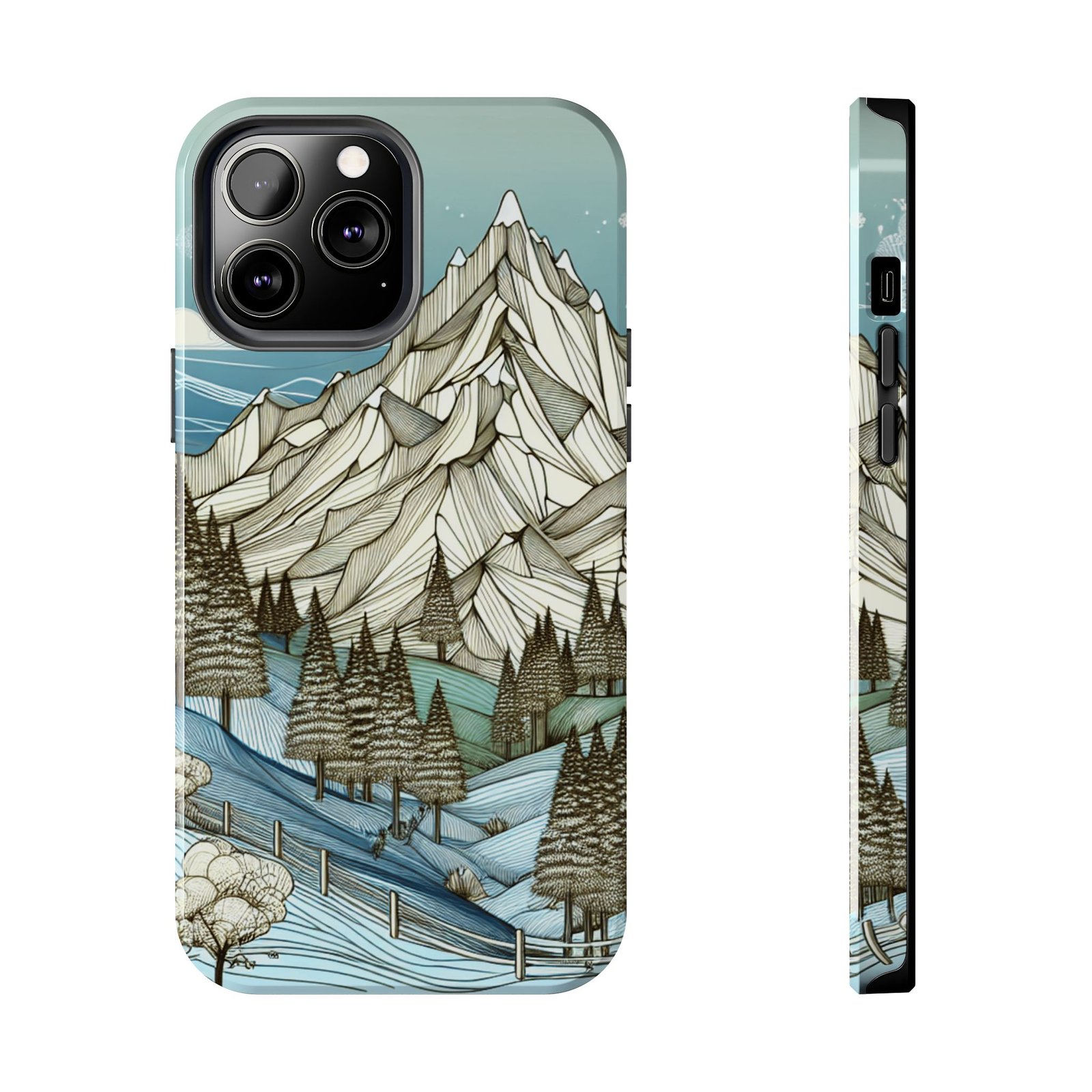 Alpine Serenity tough phone case with white mountain peak and forest design for iPhone 16 and 15 and Samsung S25 and S24