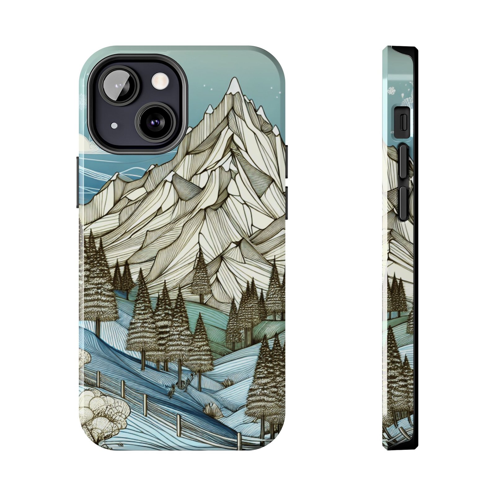 Alpine Serenity tough phone case with white mountain peak and forest design for iPhone 16 and 15 and Samsung S25 and S24