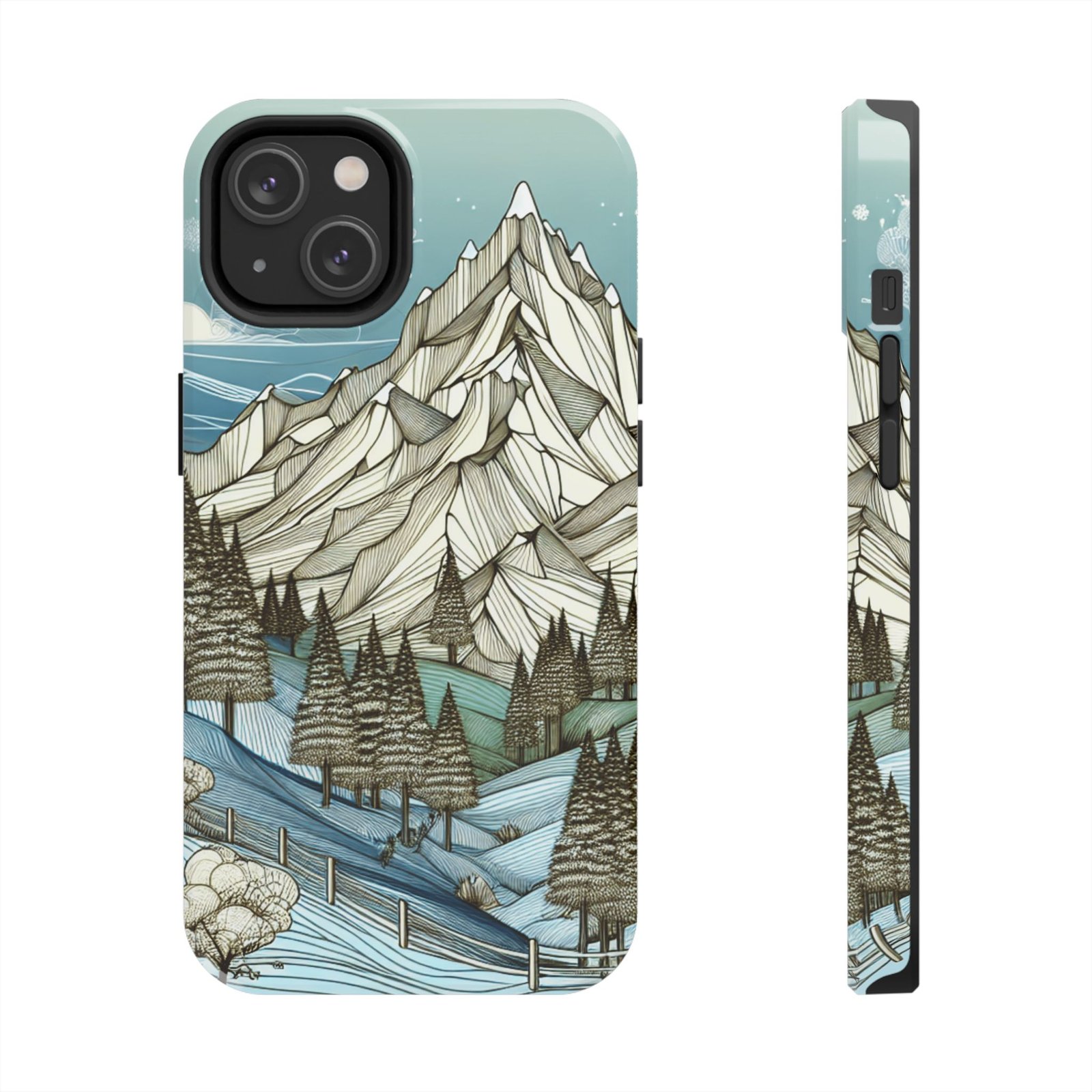 Alpine Serenity tough phone case with white mountain peak and forest design for iPhone 16 and 15 and Samsung S25 and S24