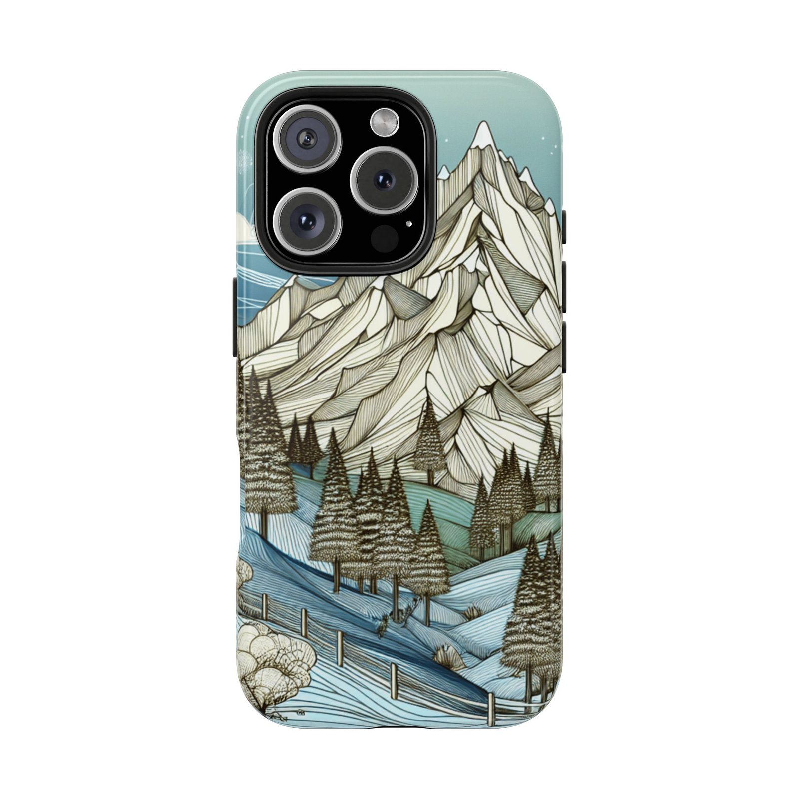 Alpine Serenity tough phone case with white mountain peak and forest design for iPhone 16 and 15 and Samsung S25 and S24