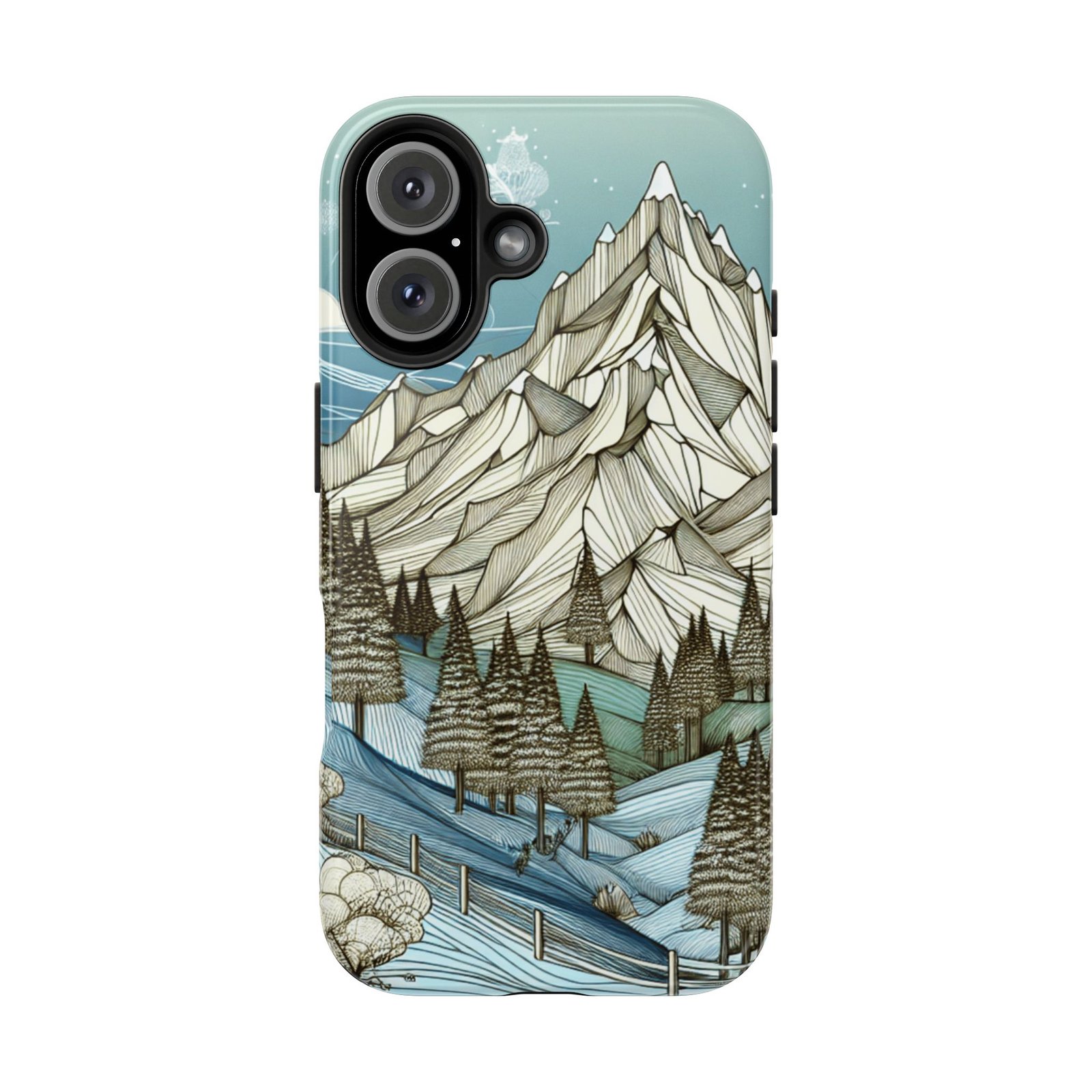 Alpine Serenity tough phone case with white mountain peak and forest design for iPhone 16 and 15 and Samsung S25 and S24