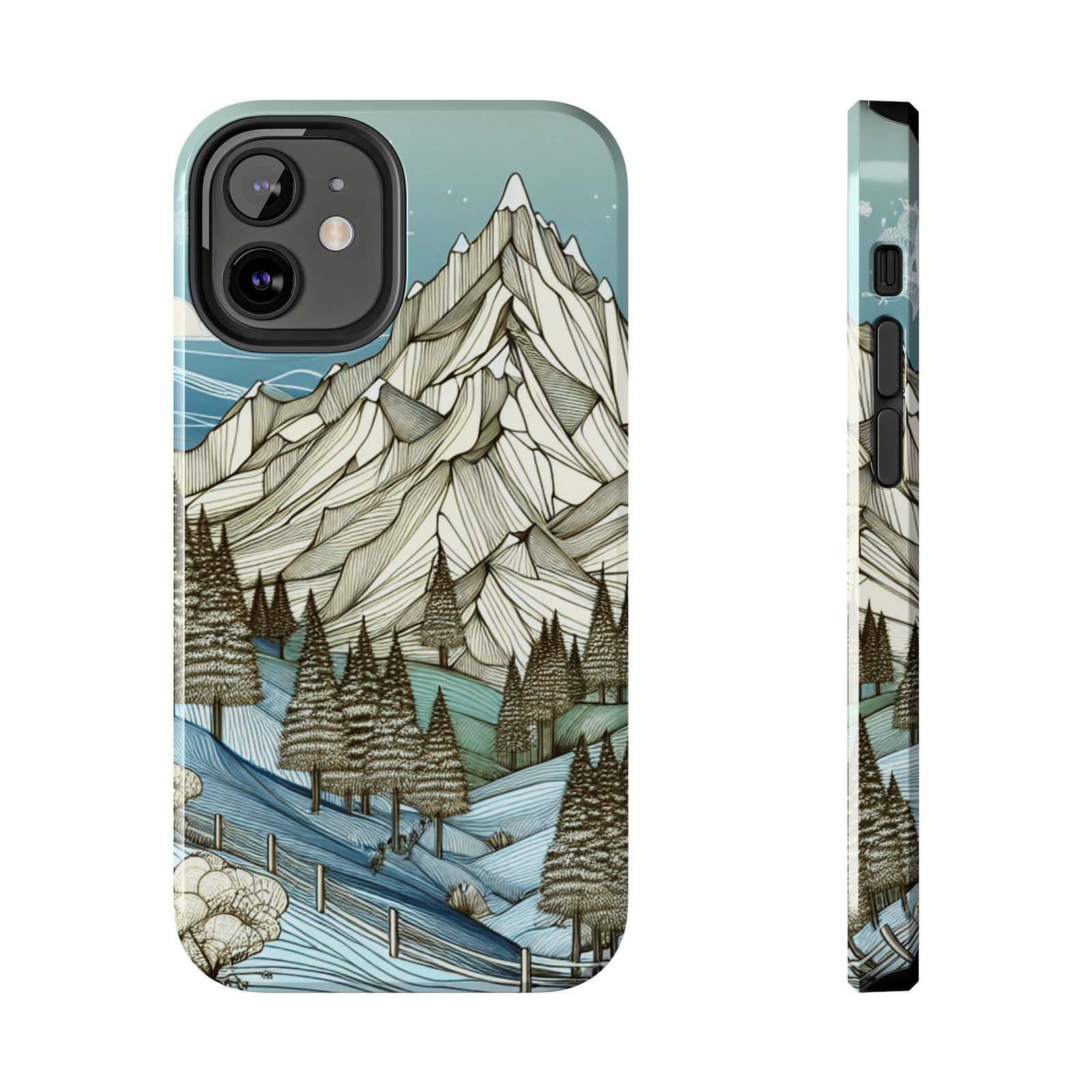 Alpine Serenity tough phone case with white mountain peak and forest design for iPhone 16 and 15 and Samsung S25 and S24