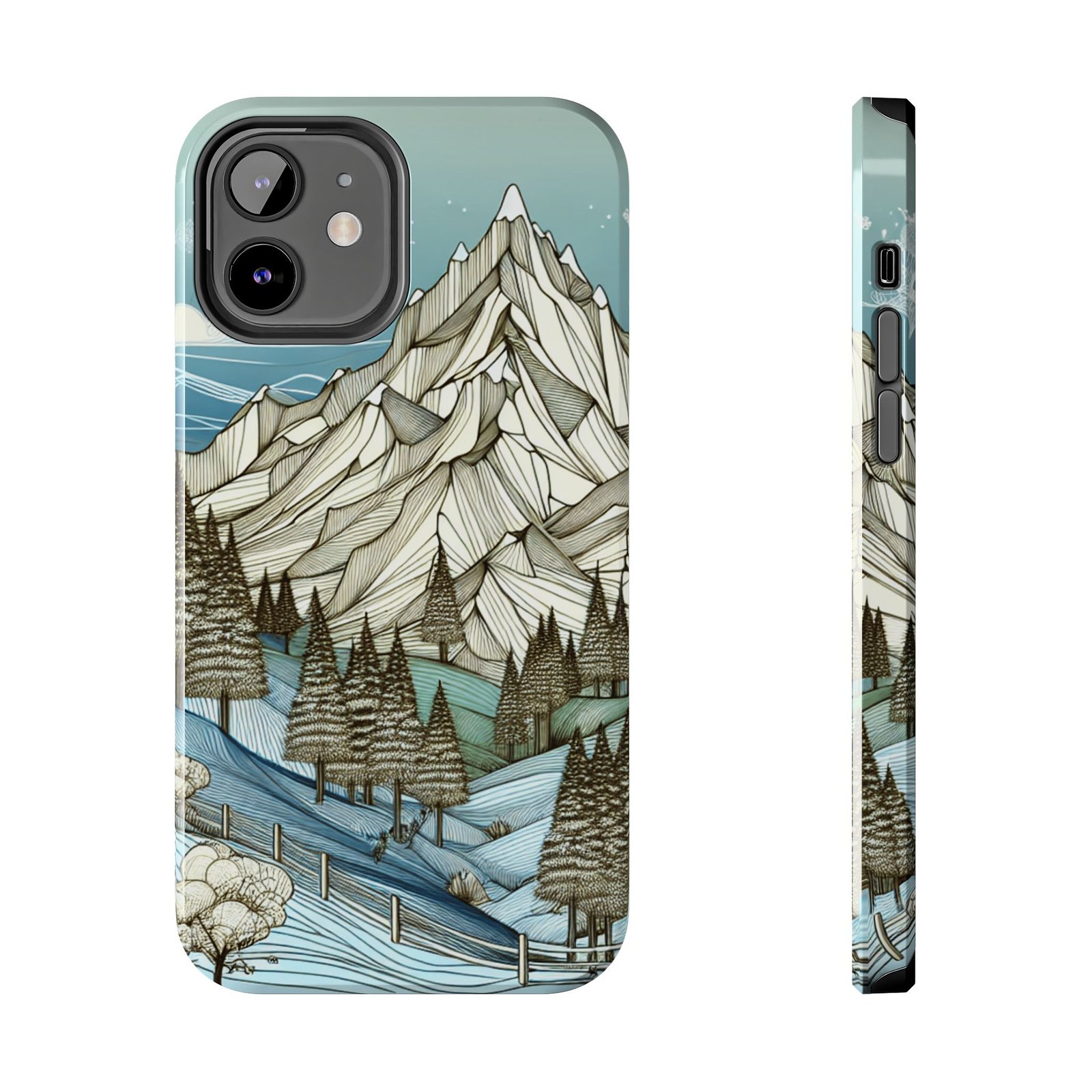 Alpine Serenity tough phone case with white mountain peak and forest design for iPhone 16 and 15 and Samsung S25 and S24