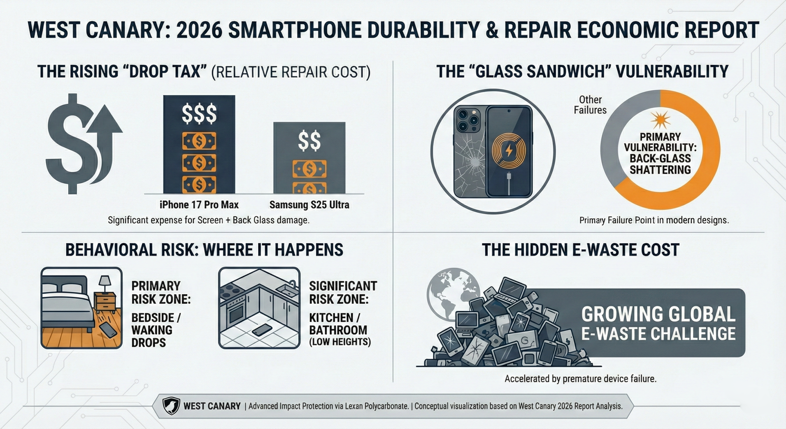 Infographic summary of West Canary 2026 analysis showing rising repair costs for iPhone 17 Pro and Samsung S25 Ultra, back-glass vulnerability, bedside drop risks, and global e-waste data.